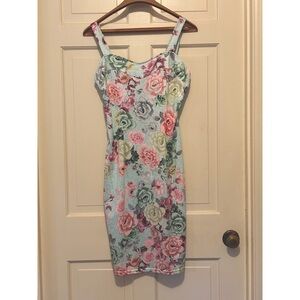 Floral thin strap midi dress formal party blue pink bodycon